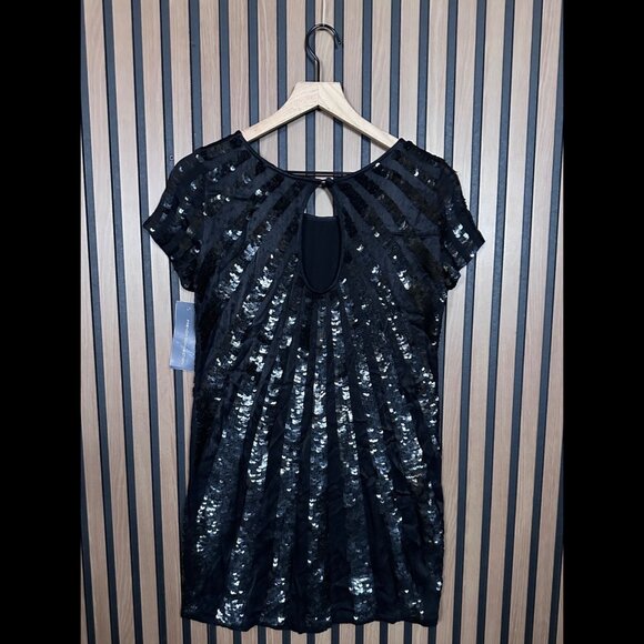 New French Connection Dress 2 / XS Womens Black Sequin Mini Short Sleeve Shift - Picture 2 of 8
